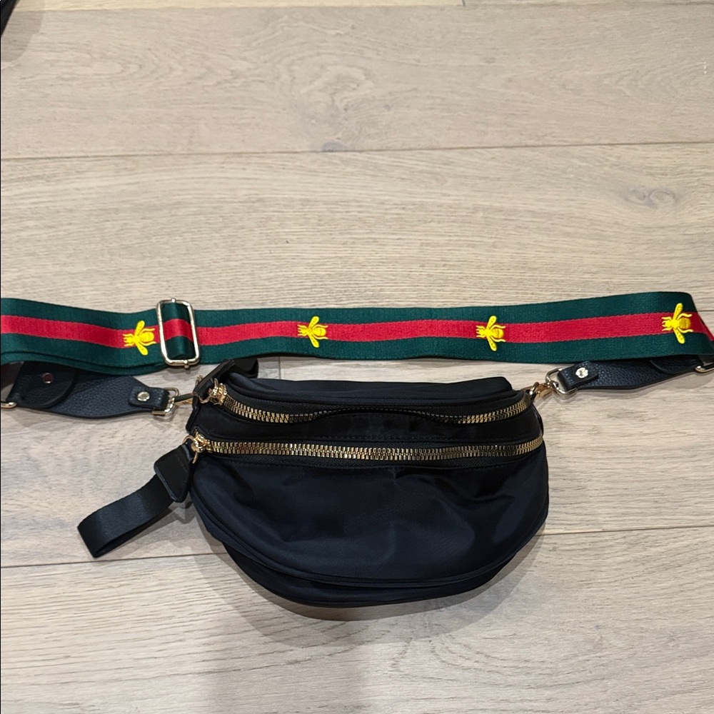 Black Belt Bag with Green and Red Strap